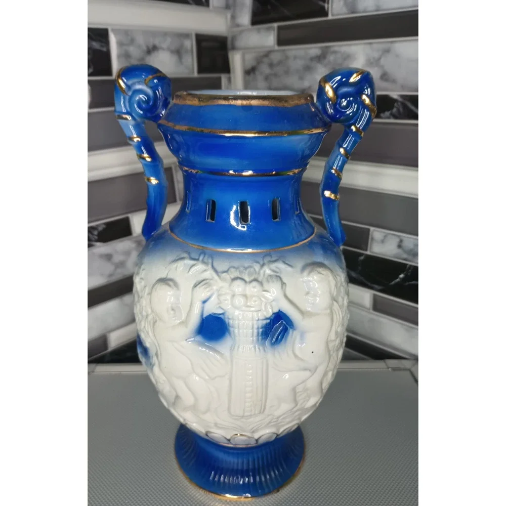 Vintage Cobalt Blue Cherub Angel Porcelain Urn Vase Gold Trim Handles Ceramic